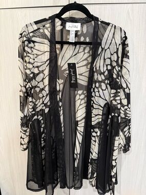 Joseph Ribkoff Black and White Butterfly-Print Sheer Kimono Jacket